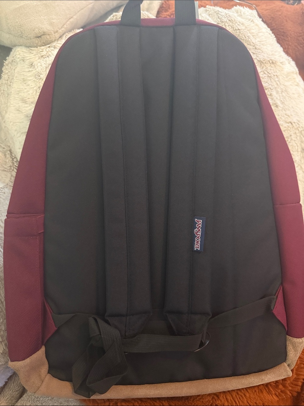 Jansport Burgundy Backpack with Tan Suede Trim - Picture 2 of 4